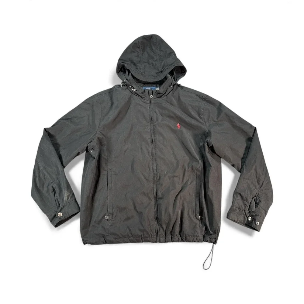 Polo Ralph Lauren Jacket Mens 2XL Black Hooded Quilted Lined Zip Windbreaker‎